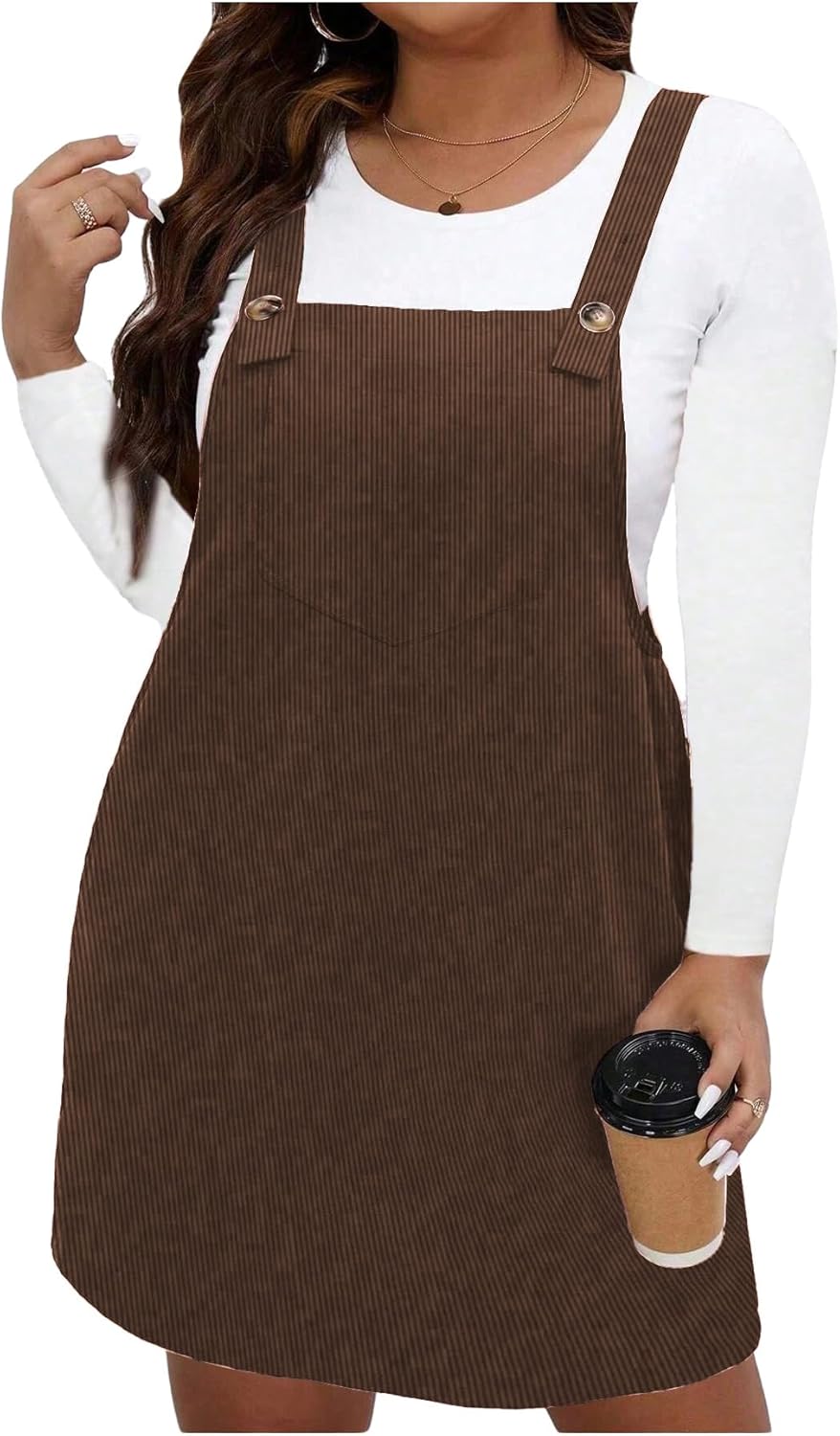 WDIRARA Women's Plus Size Corduroy Sleeveless Pinafore Dress