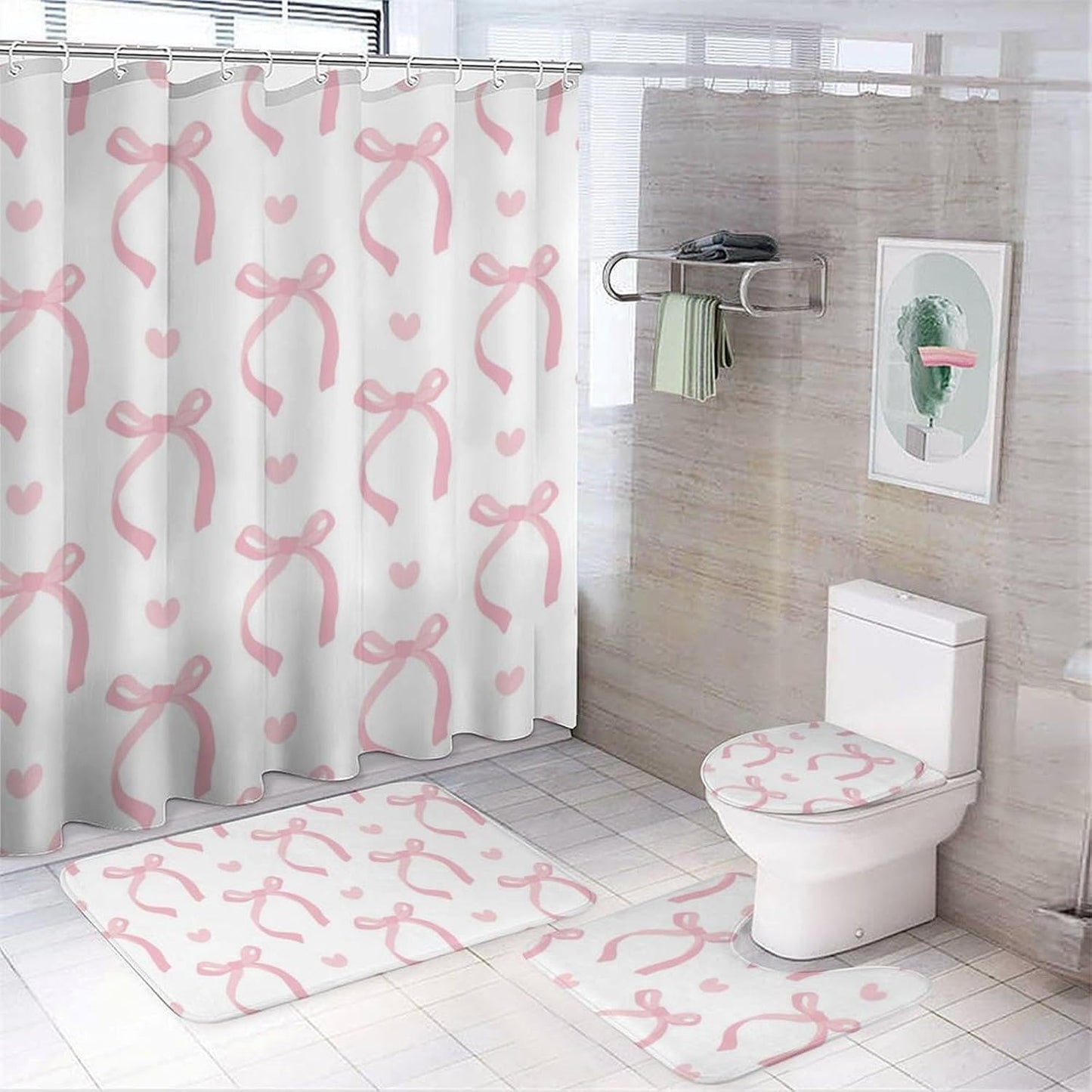 Pink Ribbon Bow Decor Set: 4-Piece Bathroom Bliss
