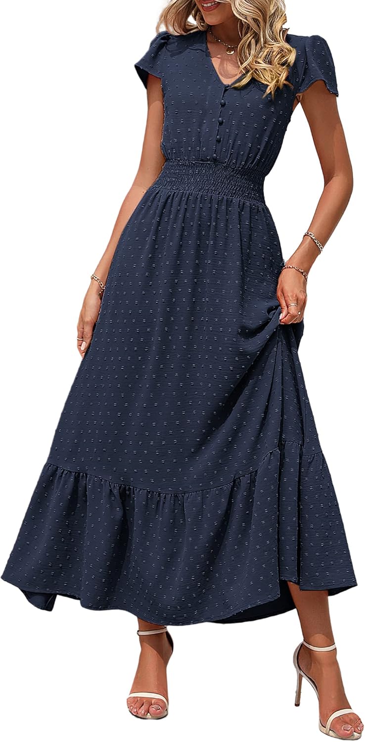 PRETTYGARDEN Womens Summer Maxi Dress Boho V Neck Ruffle Style