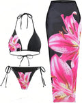 Floral Halter Triangle Bikini Set with Sheer Cover Up Skirt - Stylish