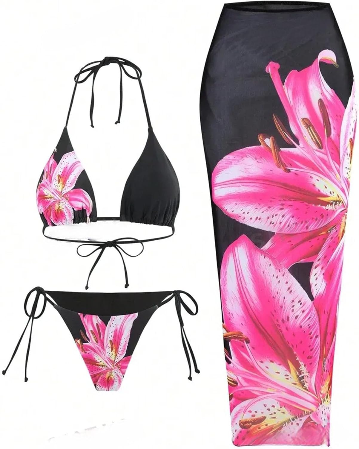 ZAFUL Womens 3pcs Swimsuit Floral Halter Triangle Bikini Set