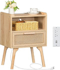 Rattan Nightstand with Charging Station and Drawer - Boho Bedside