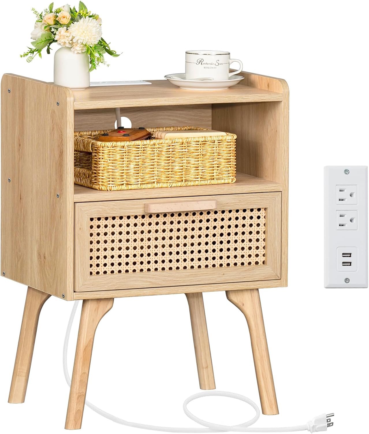 Rattan Nightstand with Charging Station for Modern Boho Decor