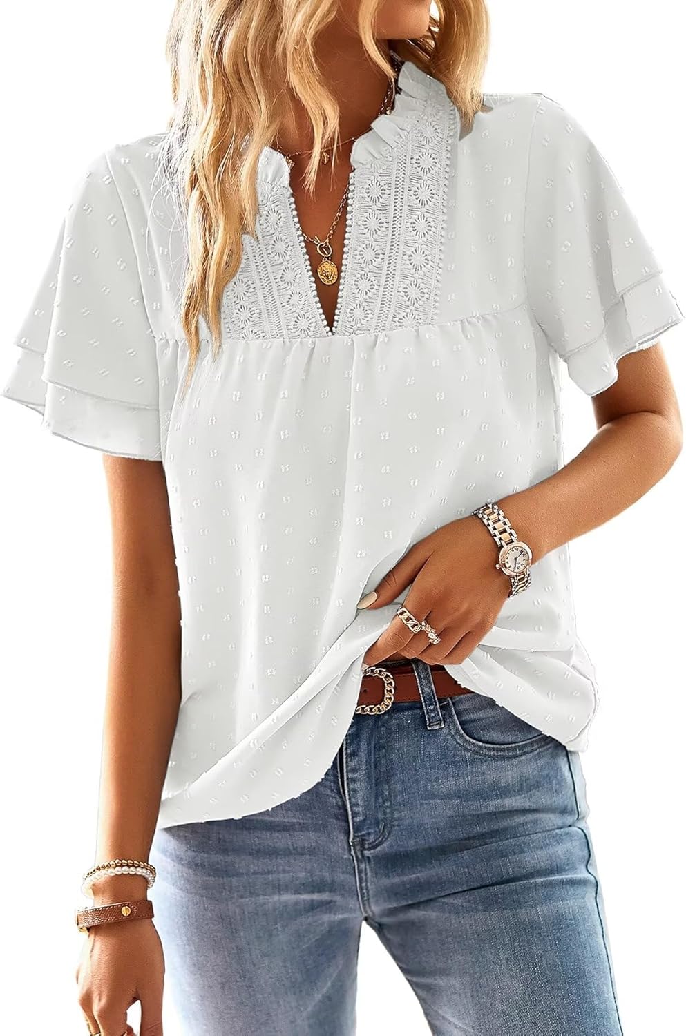 Womens Tops Butterfly Sleeve V Neck Blouses for Dressy Casual Wear