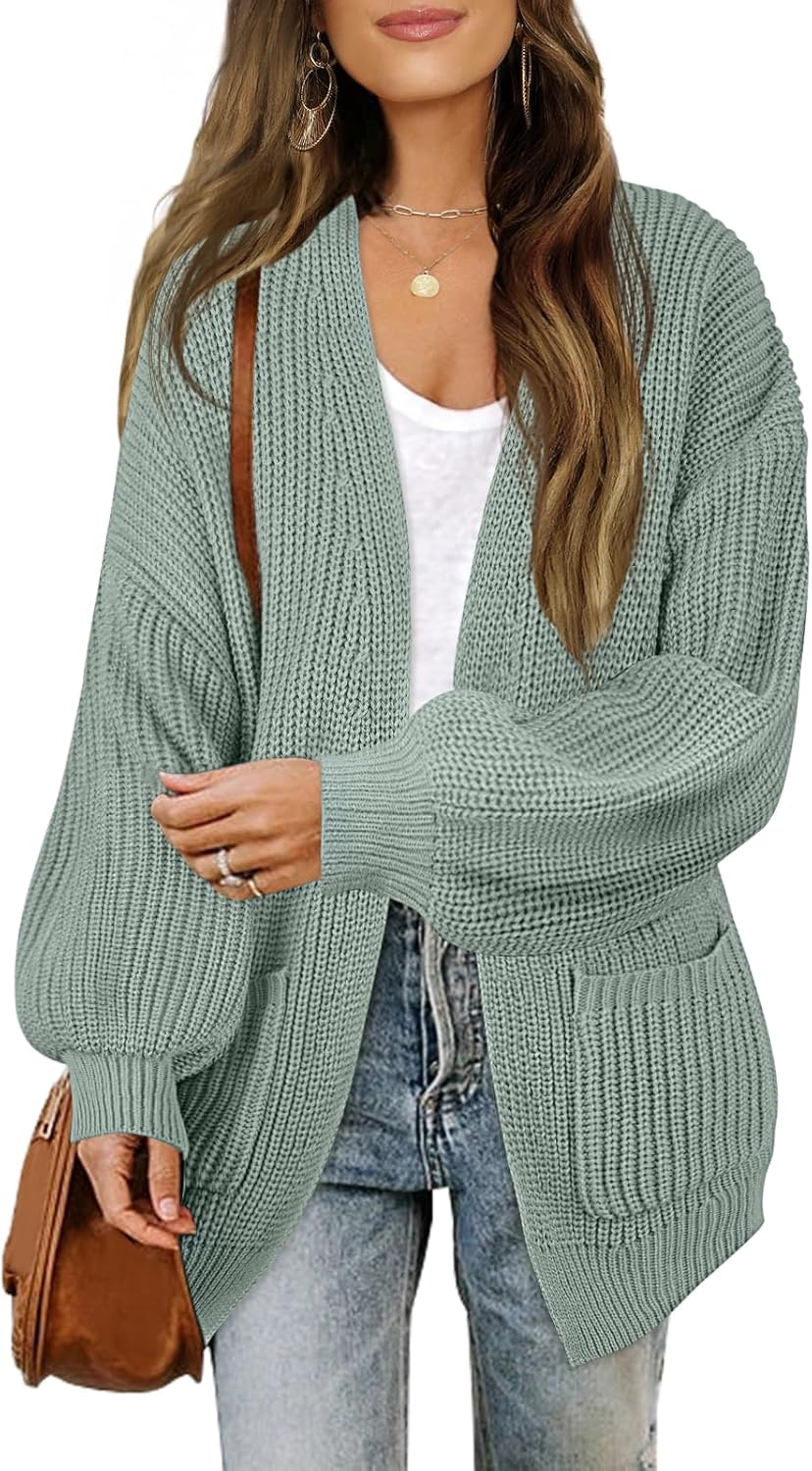 MEROKEETY Women's Fall Open Front Long Lantern Sleeve Cardigan