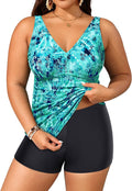 Womens Plus Size Tankini with Shorts - Blue Green Paisley Swim Set