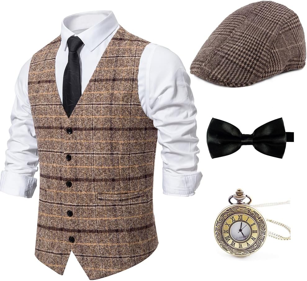 Gatsby Gangster Vest Fedora Hat Suspenders Bow Tie Set for Men
