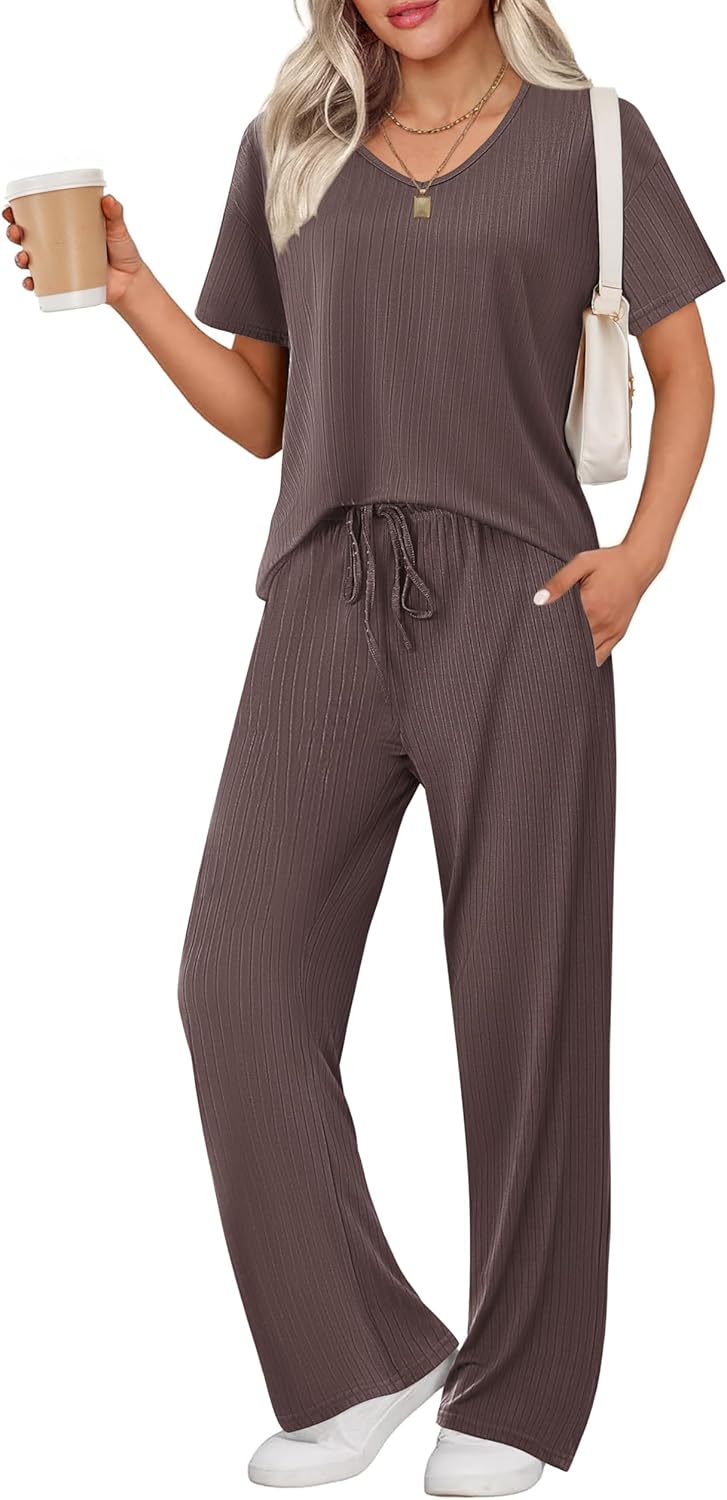 Ekouaer Womens Ribbed Knit Lounge Set for Cozy Sleepwear