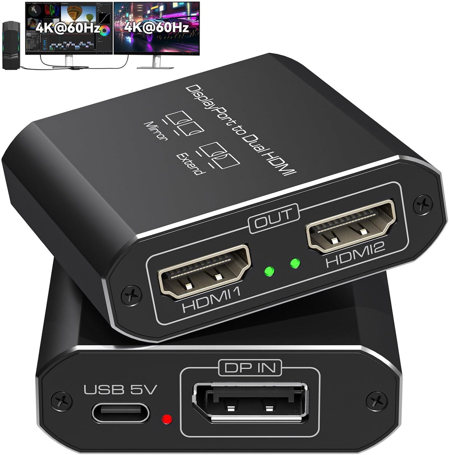 4K@60Hz DisplayPort to Dual HDMI Adapter for Dual Displays