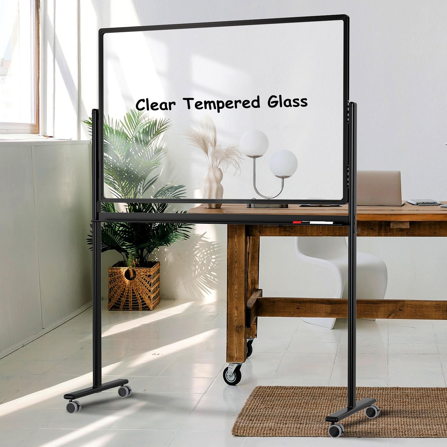 Mobile Clear Glass Whiteboard on Wheels - 48in x 32in Dry Erase Board