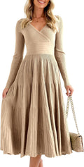 Long Sleeve Midi Sweater Dress Wrap V Neck - Flattering Knit Midi