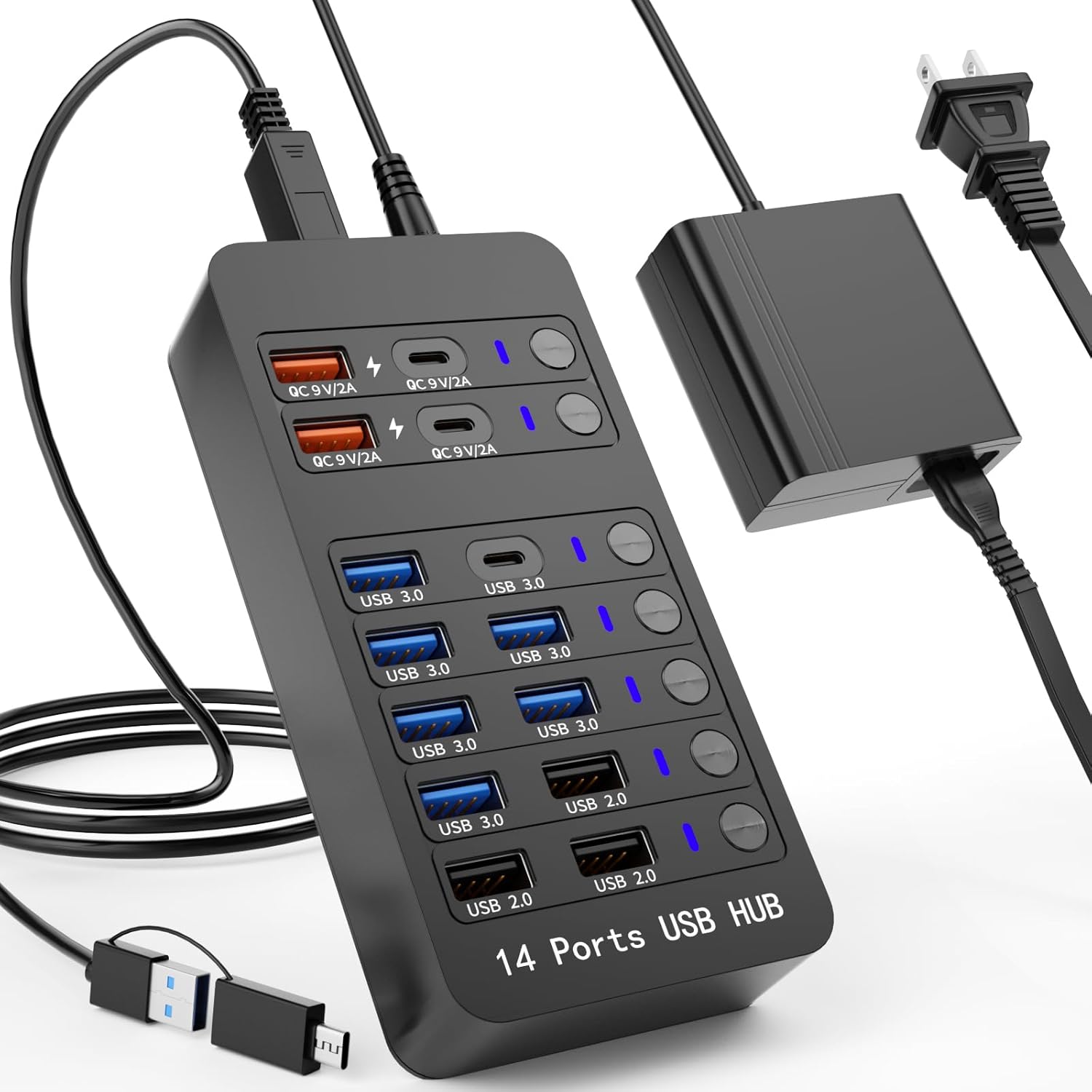 Powered USB Hub with 14 Ports for Fast Charging and Data Transfer
