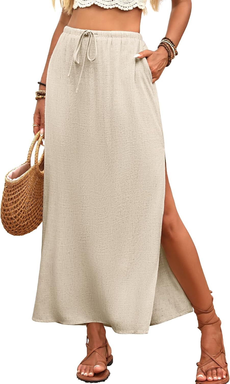 ELLEVEN Linen Straight Maxi Skirt with Side Slit for Summer