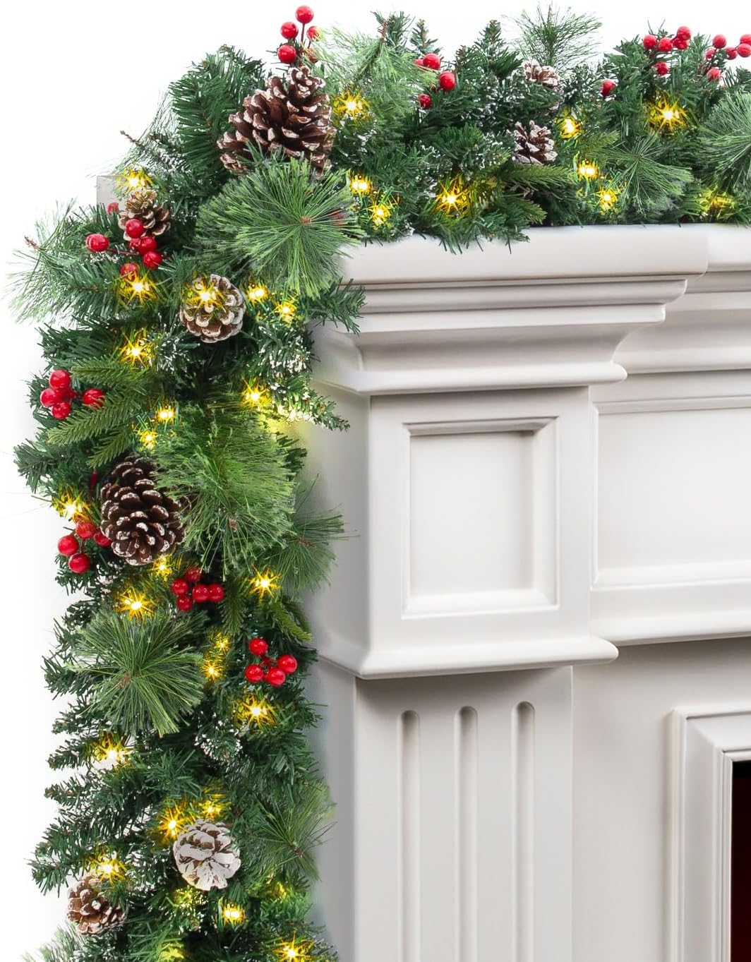 9FT Prelit Christmas Garland with LED Timer Lights and Berries