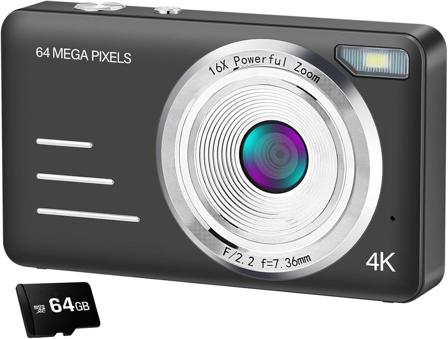64MP 4K Digital Camera for Kids, 16X Zoom, 64GB SD Card, 2.8'' Screen