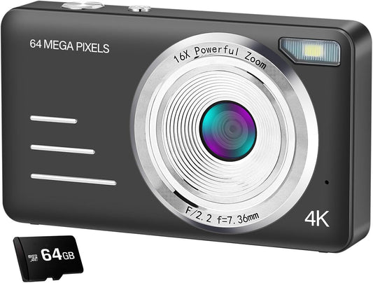 64MP 4K Digital Camera for Kids, 16X Zoom, 64GB SD Card, 2.8'' Screen