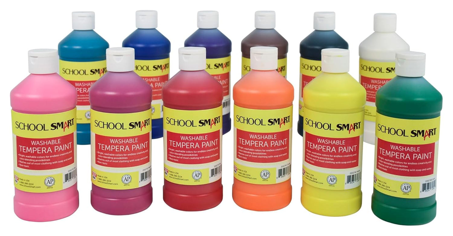 School Smart Washable Tempera Paints Set of 12 for Arts and Crafts
