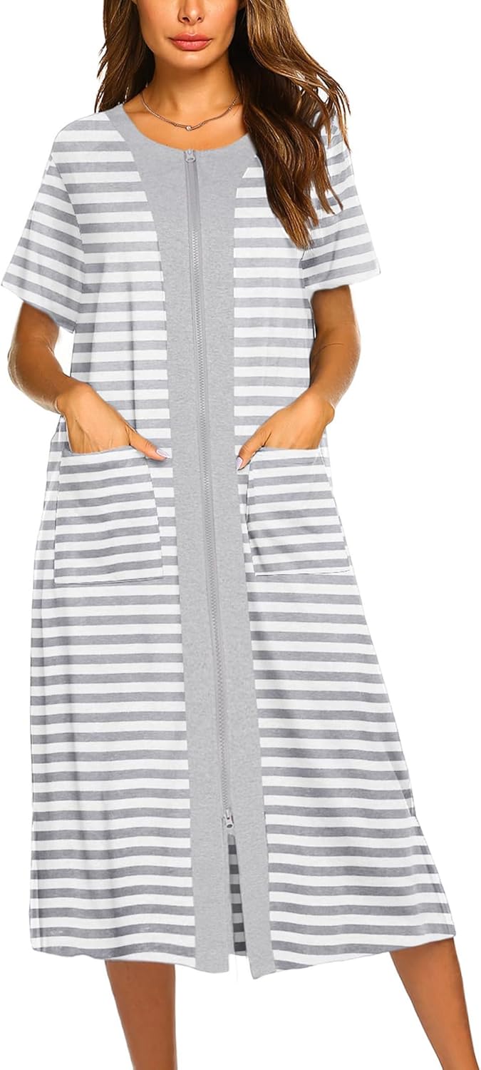 Ekouaer Zipper Front Bathrobe Short Sleeve House Coat for Comfort