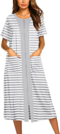 Ekouaer Zipper Front Short Sleeve Robe - Soft Calf Length Loungewear