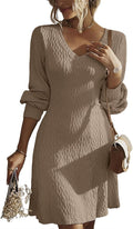 V Neck Knit A Line Long Sleeve Sweater Dress - Flattering Comfort