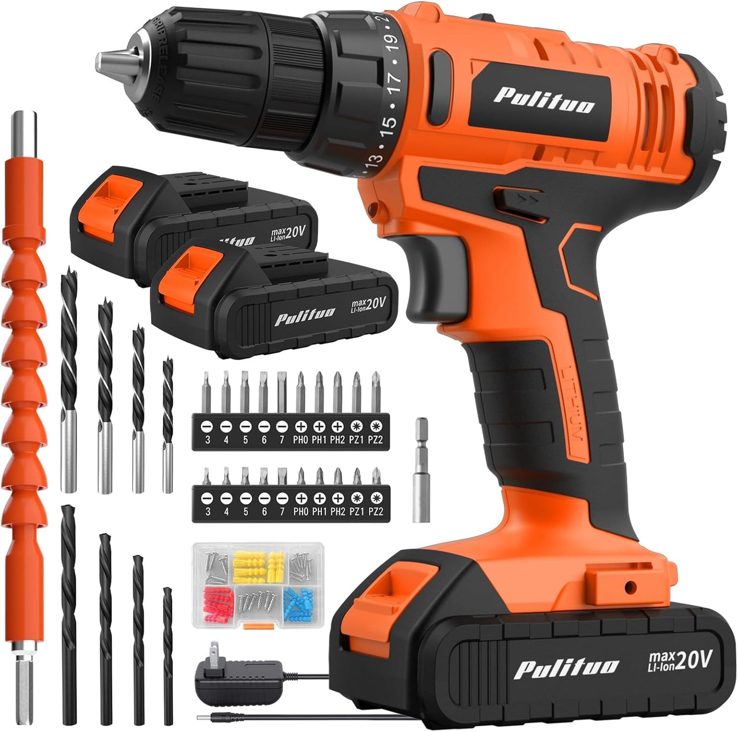 PULITUO 20V Cordless Drill with 2 Batteries for Home Projects