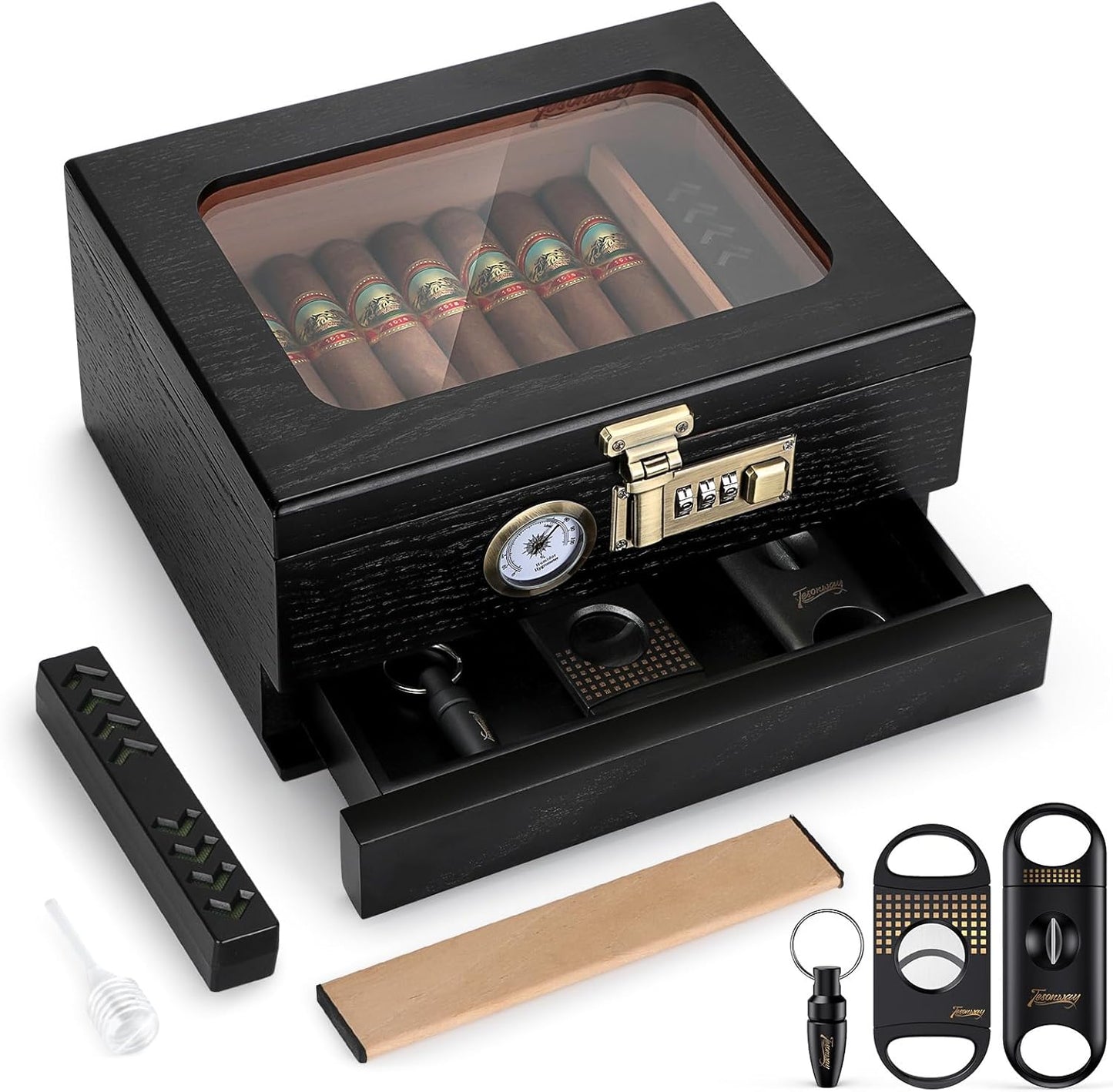 Cedar Wood Cigar Humidor with Glass Top and Combination Lock
