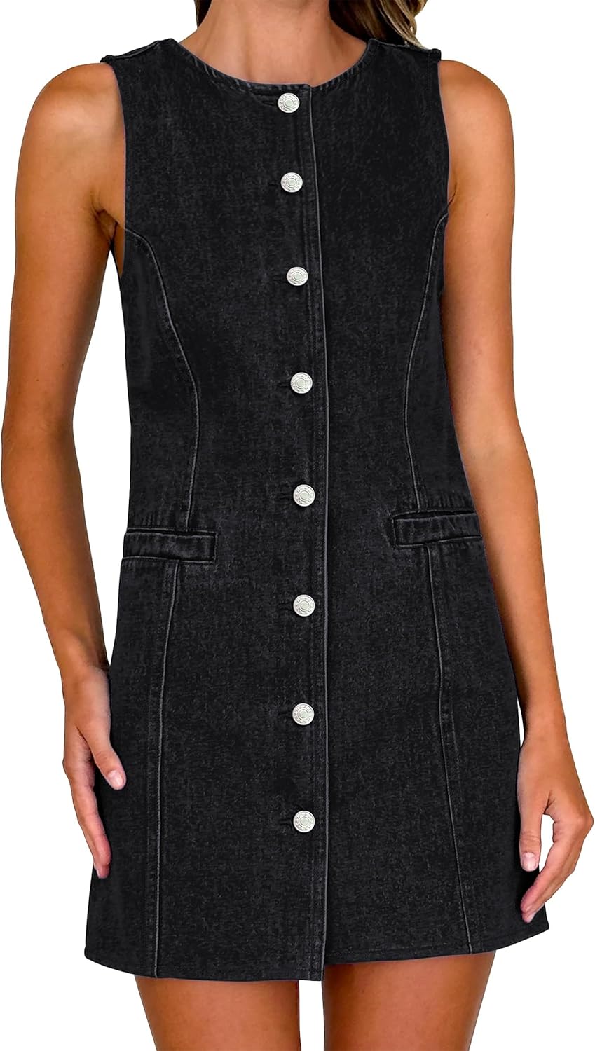 Women's Denim Dress Jean Sleeveless Button Down Mini Tank