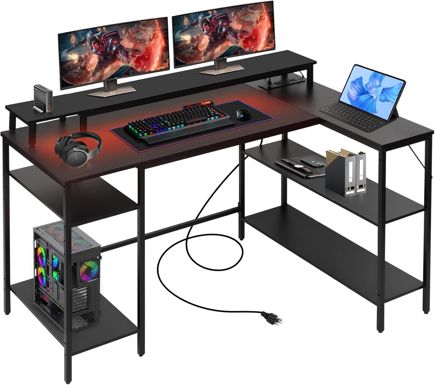 Panana L-Shaped Gaming Desk - LED Lights, Reversible Design, Power Outlets