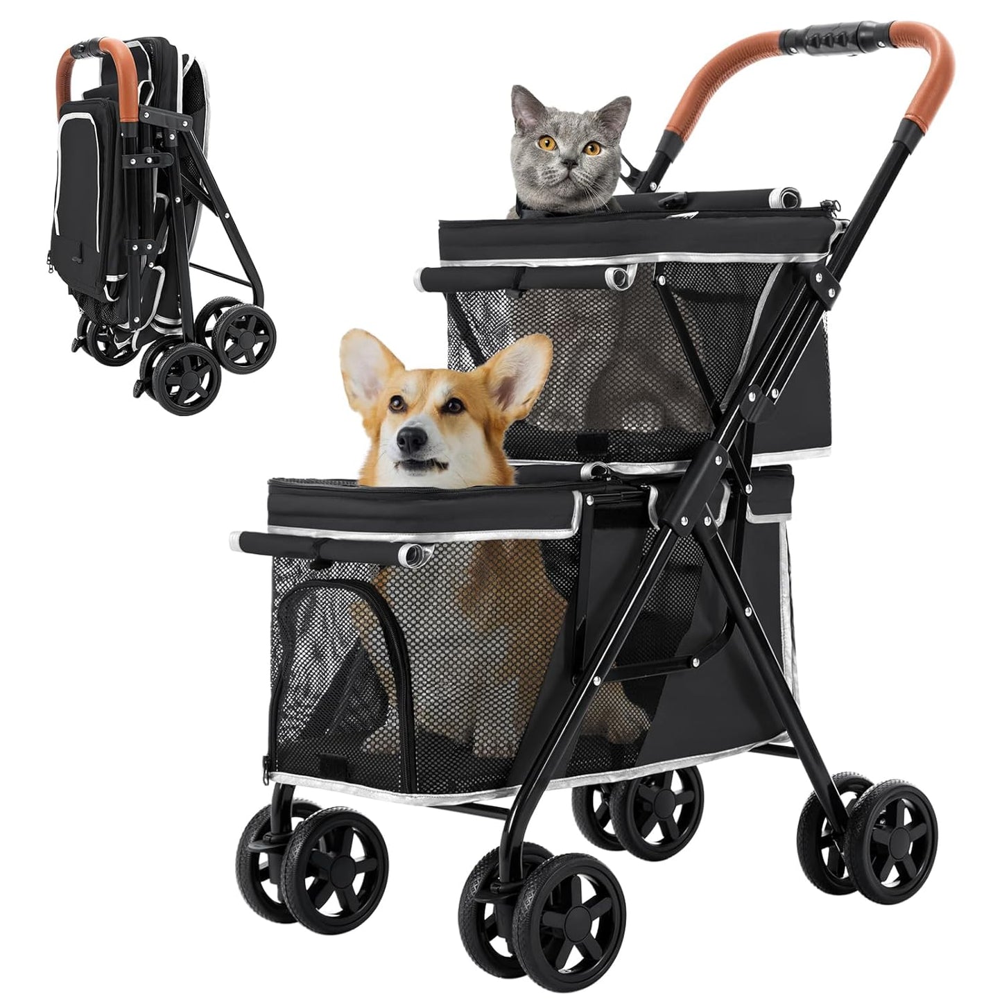 Double Pet Stroller for Dogs and Cats - One-Hand Folding Design