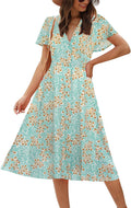 Women's Floral Button Up Split Dress Midi - Flowy Boho V-Neck
