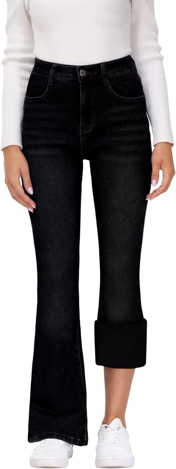 KDF Flare Jeans for Women - Warm Fleece Lined Bell Bottoms