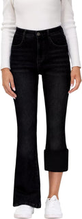 Fleece Lined Bell Bottom Jeans for Women - Warm High Waist Fit