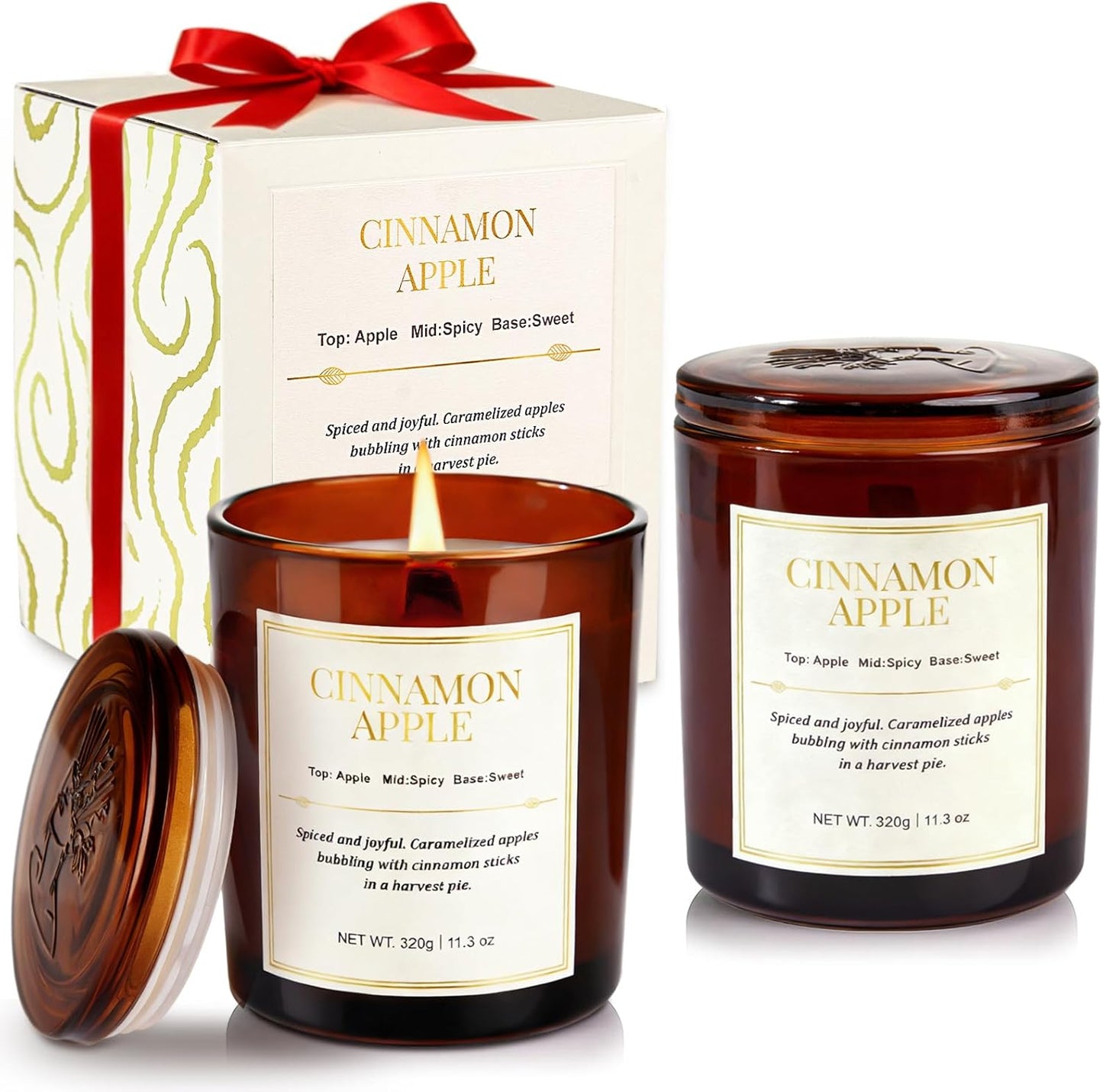 Holiday Candle Gift Set with Wood Wick Cinnamon Apple Aroma