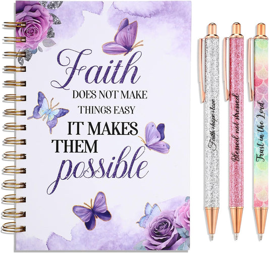 Religious Gift Set: Christian Journal & Pens - Inspiring Bible Quotes, Purple Floral