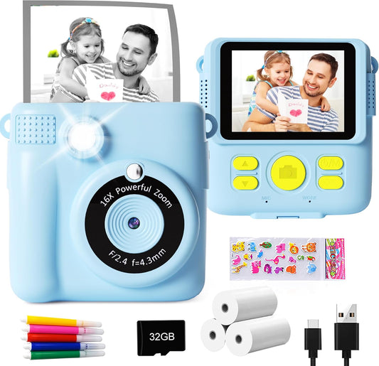 Kids Instant Print Camera - 1080P HD Photos - Portable Gift Set - Blue