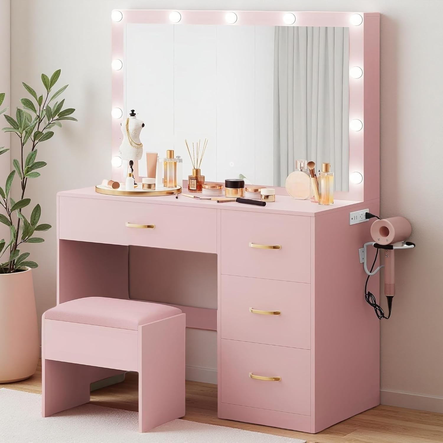YITAHOME Makeup Vanity Set with Mirror and LED Lights in Pink