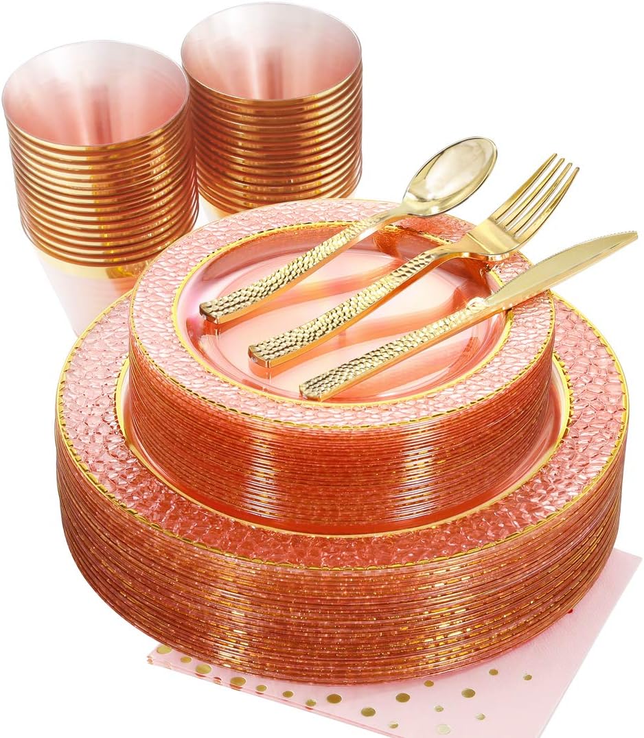 Nervure 175PCS Pink and Gold Plastic Plates for Parties