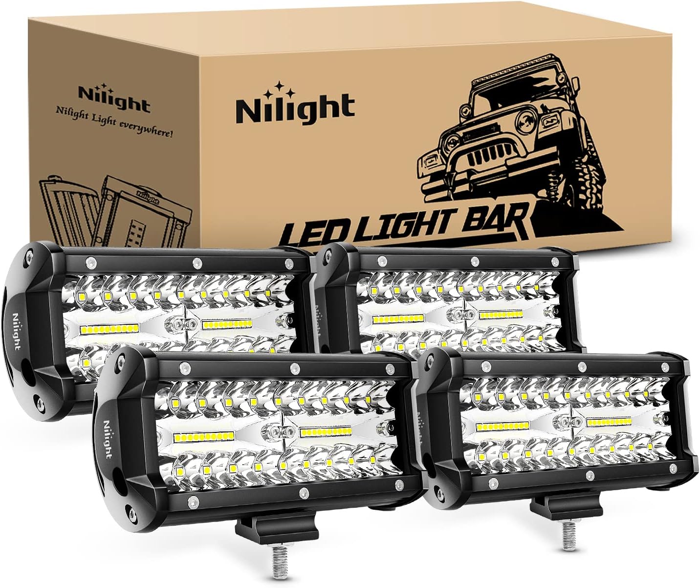 Nilight LED Pods 4PCS 6.5 Inch 120W Light Bar for Off-road Use