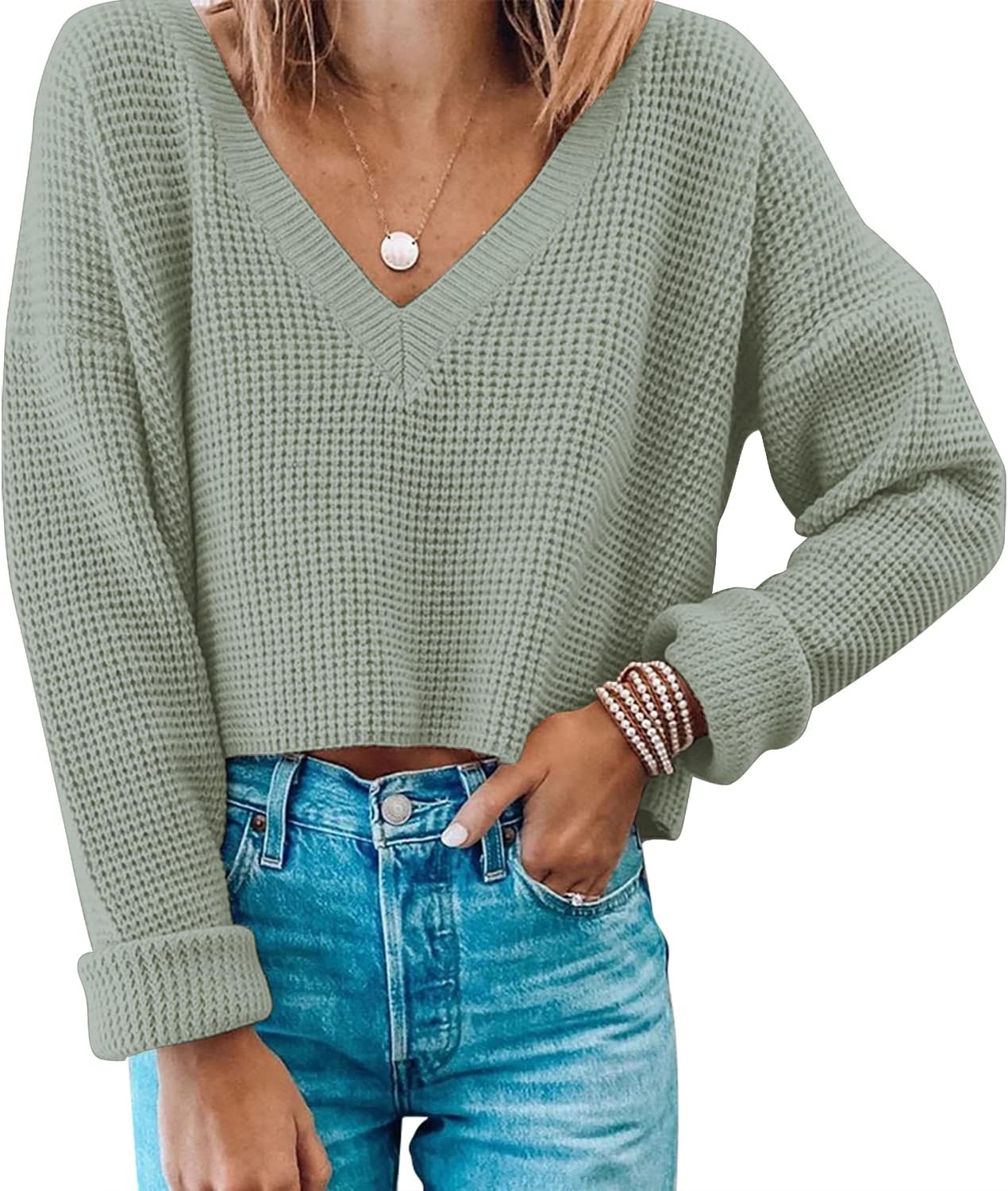 Waffle Knit Cropped Top for Women - Stylish V Neck Pullover