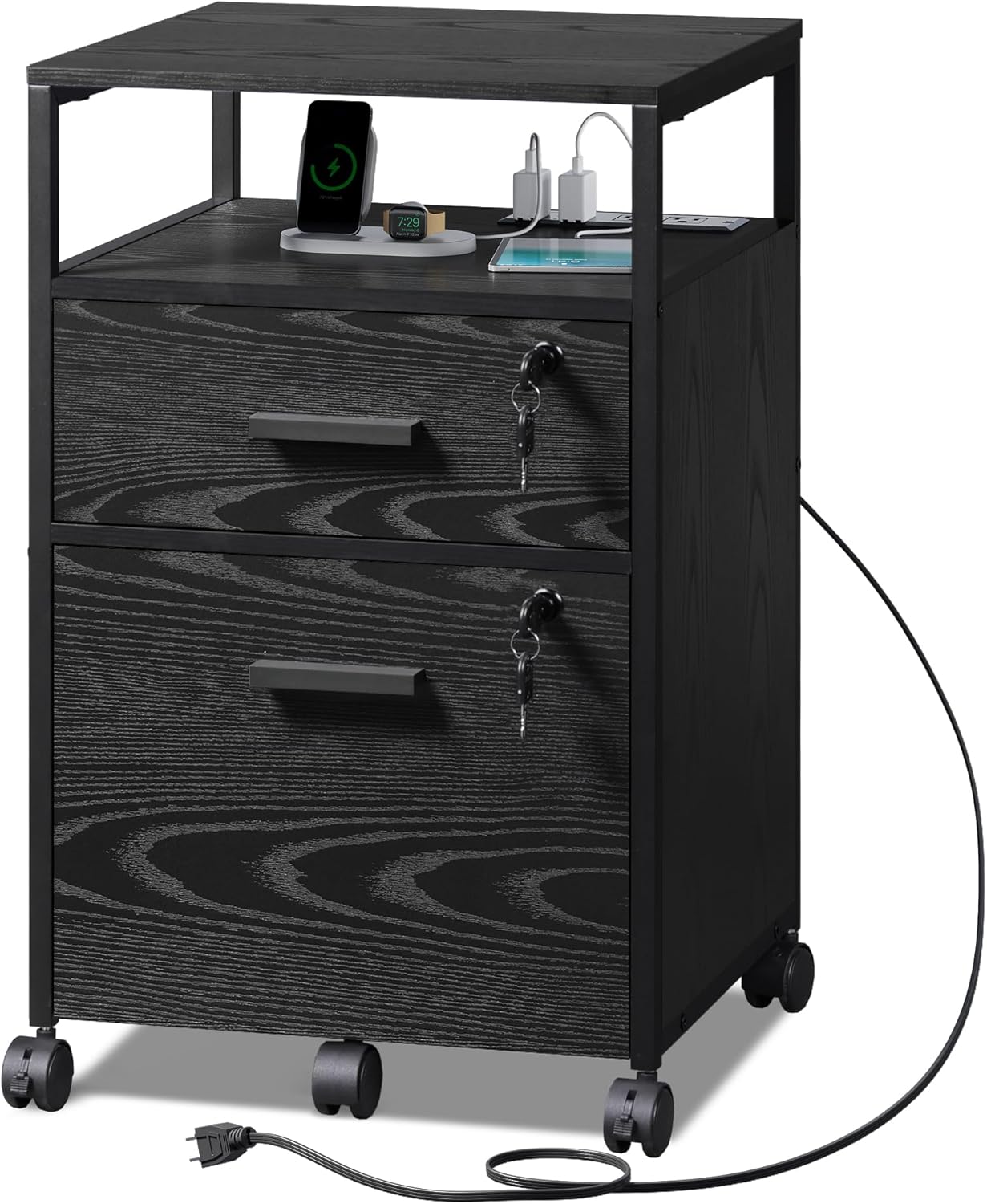 DEVAISE 2 Drawer File Cabinet with Lock and Charging Station