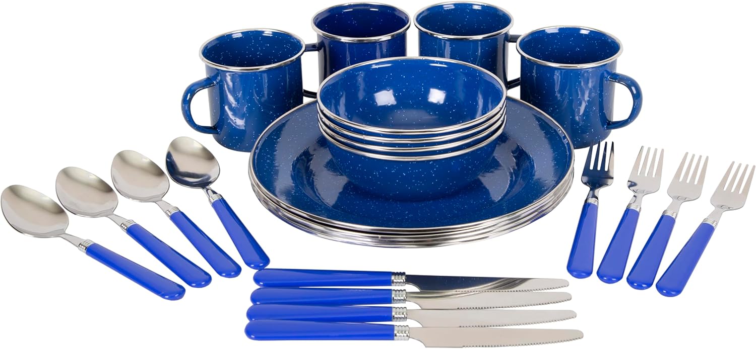 Stansport Deluxe 24-Piece Enamel Tableware Set for Camping