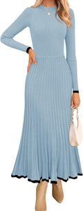 Women's Long Sleeve Sweater Dress - Ribbed Pleated A-Line Maxi