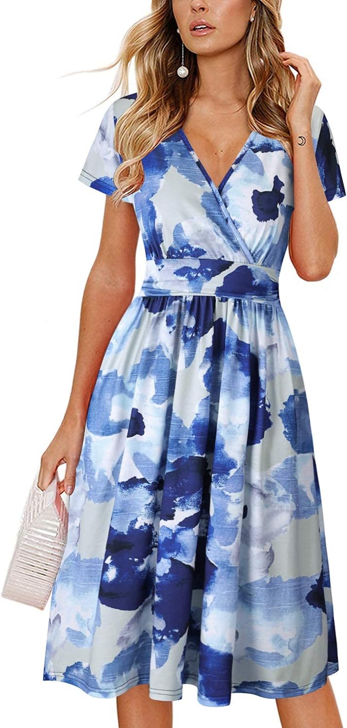 OUGES Women's Summer Short Sleeve V-Neck Floral Dress with Pockets