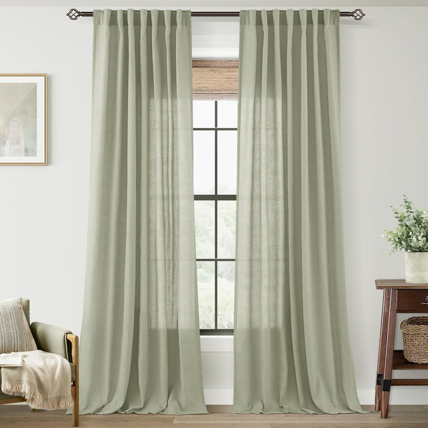 Linen Blend Sage Green Curtains 108 inch Light Filtering Drapes