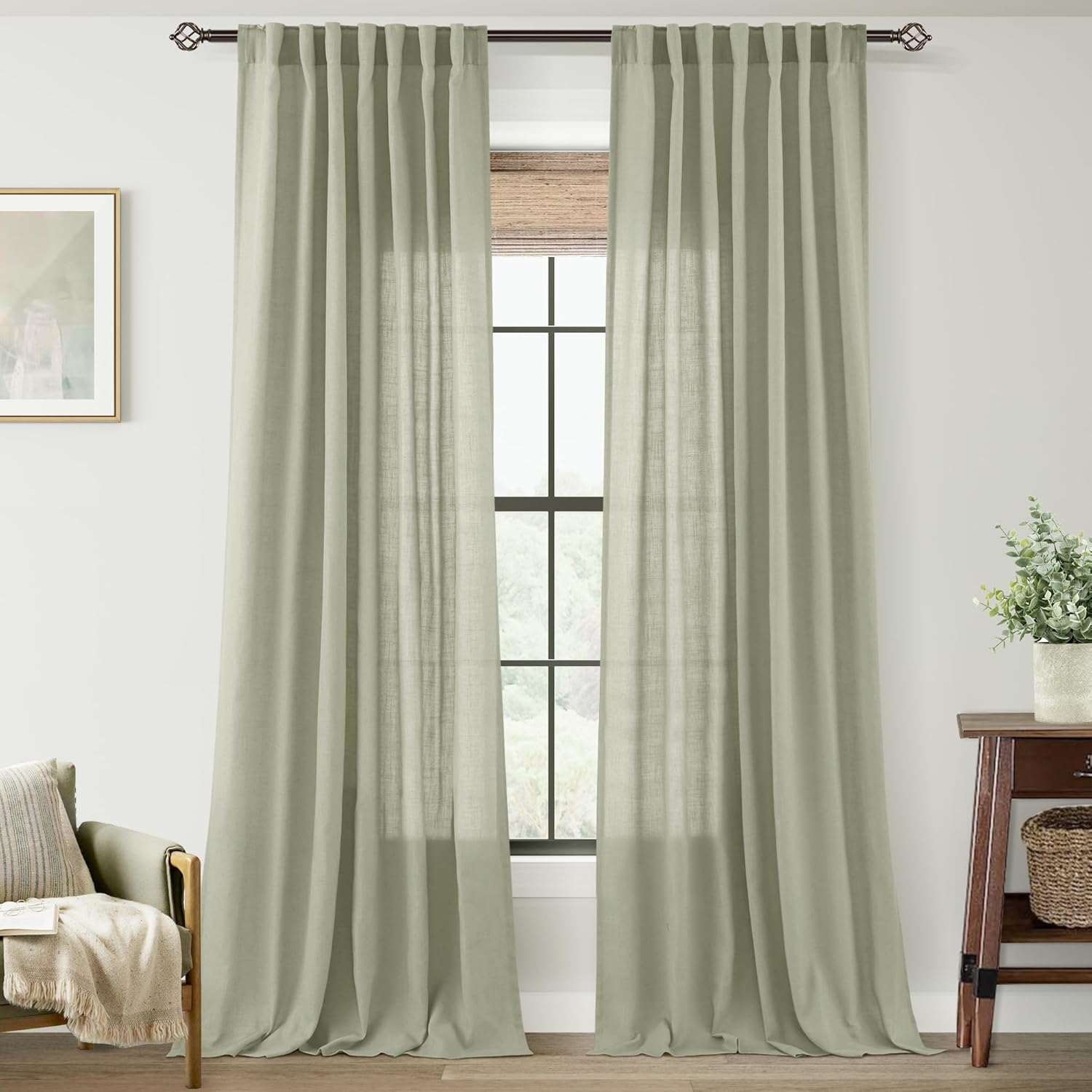Linen Blend Sage Green Curtains 108 inch Light Filtering Drapes