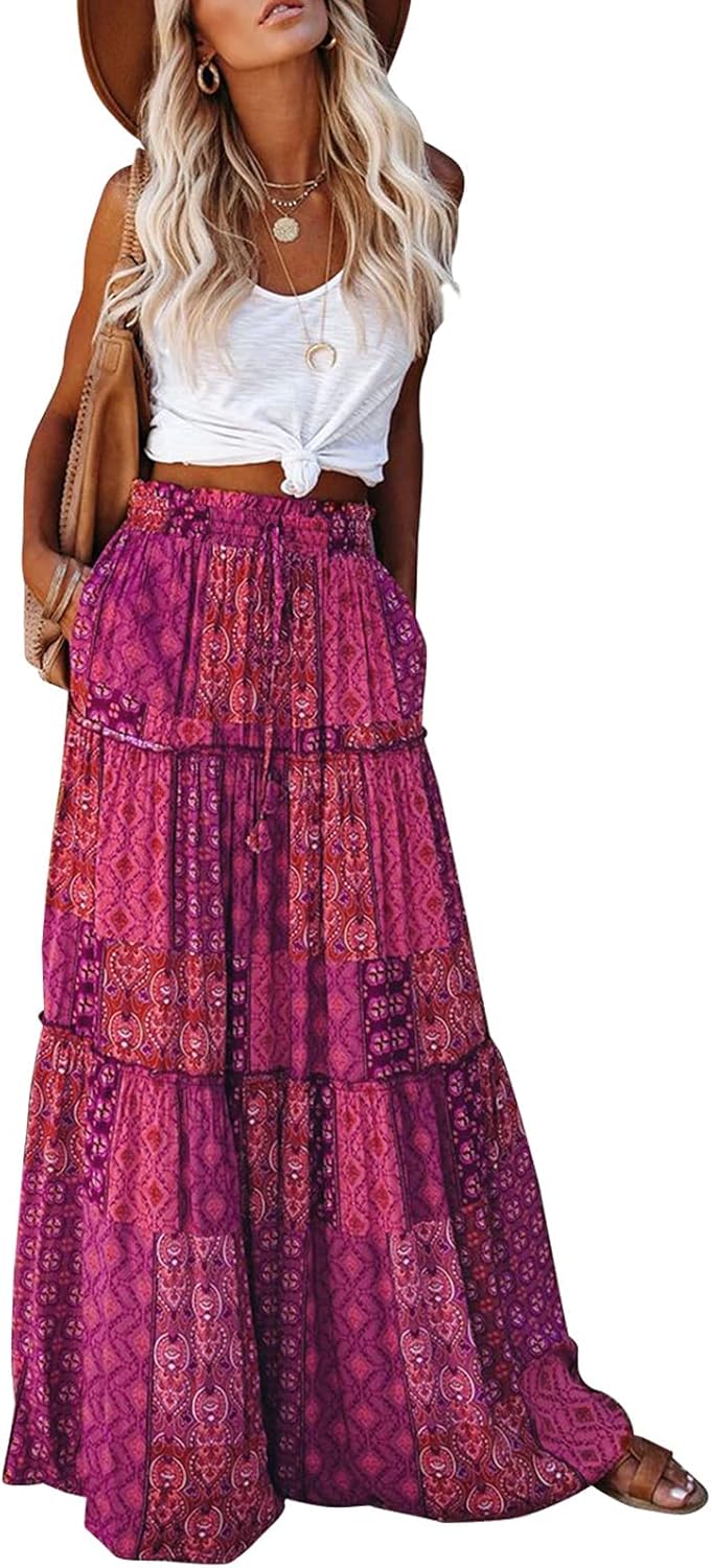 EARKOHA Womens Casual High Waist Tie Maxi Skirt with Pockets