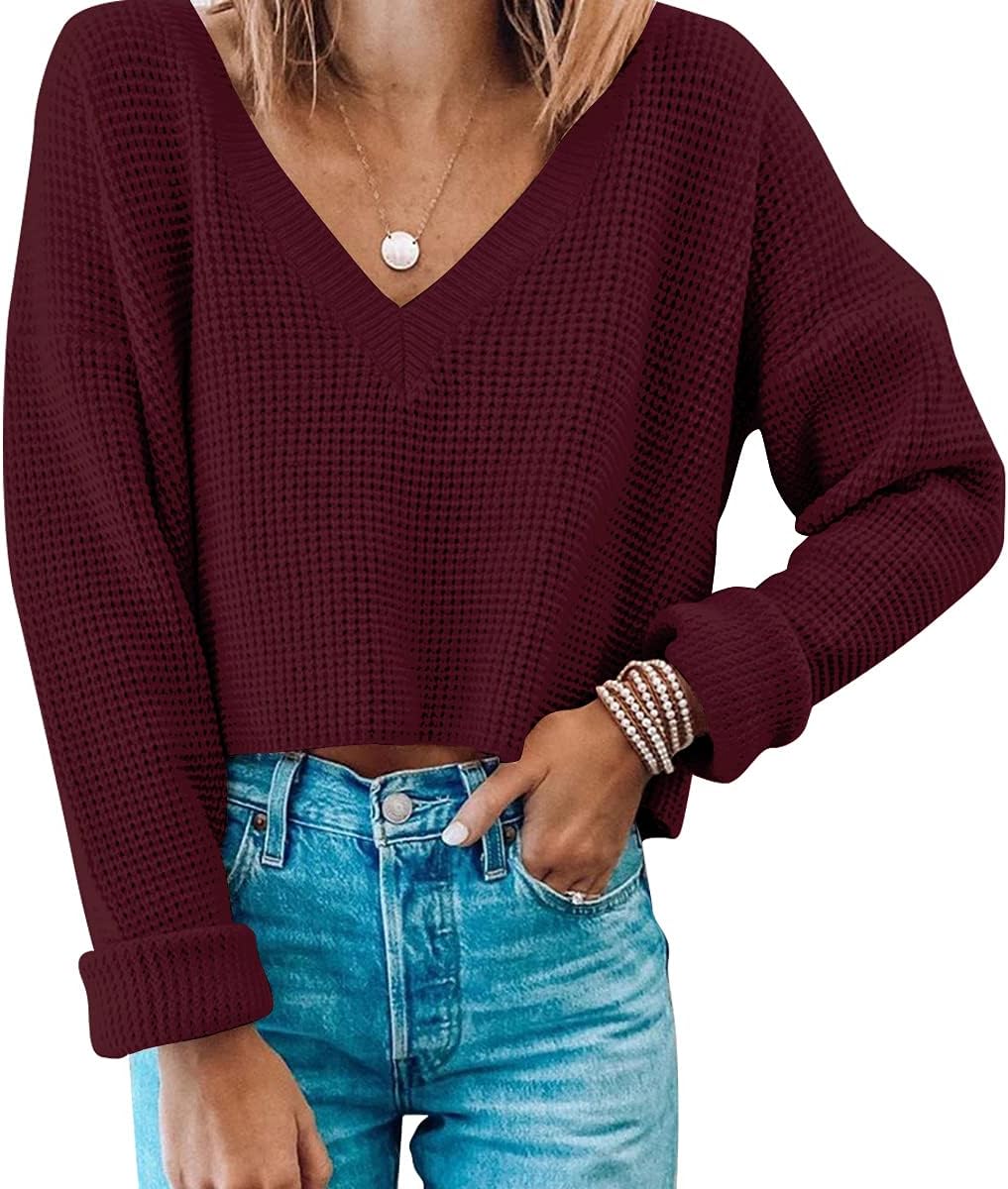 Womens V Neck Waffle Knit Cropped Top Long Sleeve Pullover