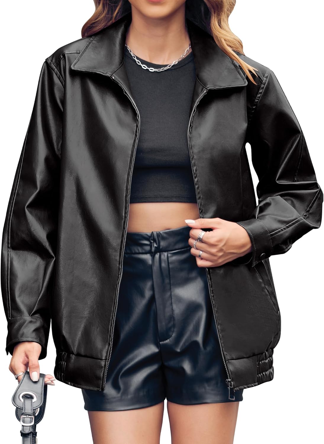 Miladusa Womens Oversized Leather Jackets Trendy Bomber Style