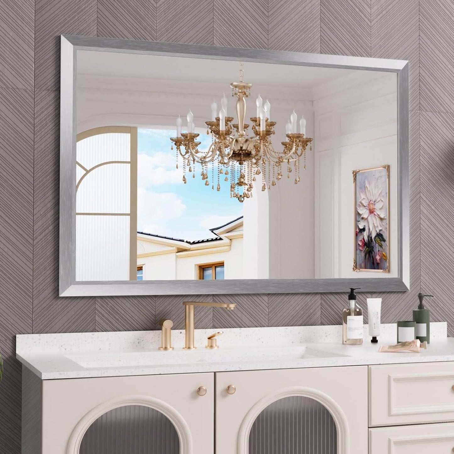 Stunning 60 X 40 Inch Bathroom Mirror with Thick Metal Frame