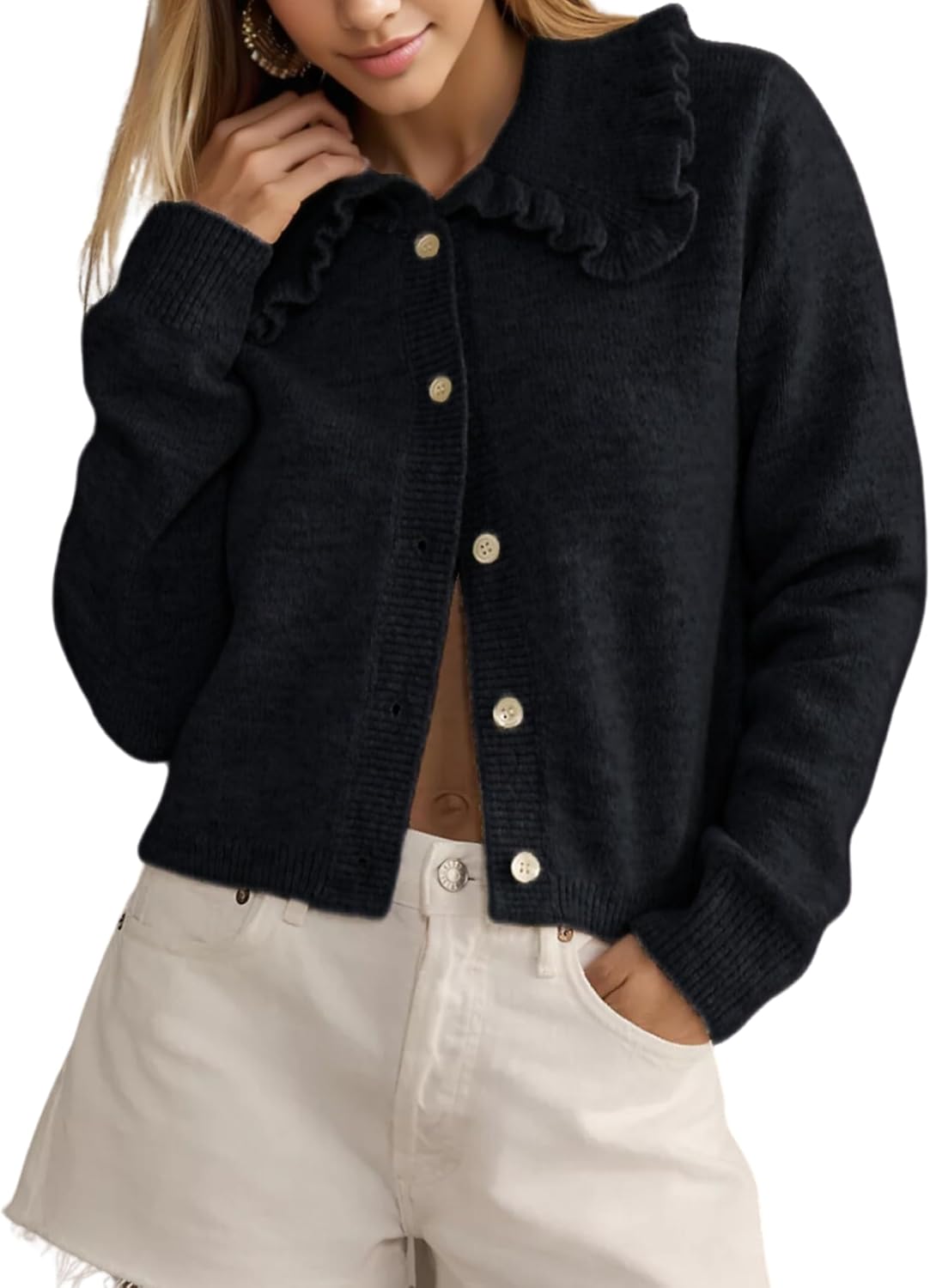 InterNos Womens Y2k Ruffled Collar Cardigan for Fall Style